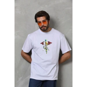 Unisex Bisiklet Yaka Baskılı Oversize T-Shirt - Beyaz