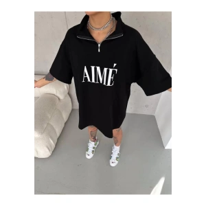 Unisex Yarım Fermuarlı Baskılı T-Shirt - Siyah