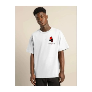 Unisex Bisiklet Yaka Baskılı Oversize T-Shirt - Beyaz