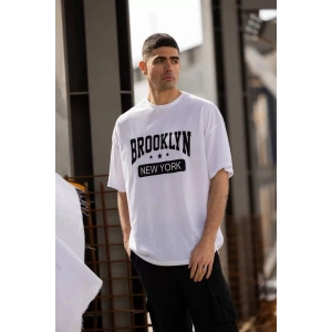 Unisex Bisiklet Yaka Baskılı Oversize T-Shirt - Beyaz
