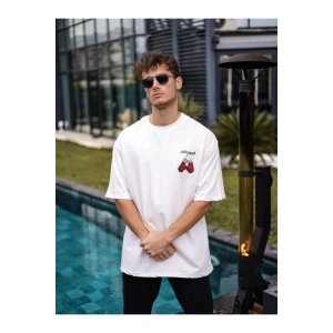Unisex Bisiklet Yaka Baskılı Oversize T-Shirt - Beyaz
