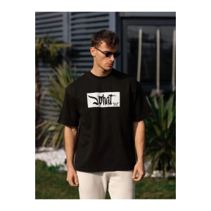 Unisex Bisiklet Yaka Baskılı Oversize T-Shirt - Siyah