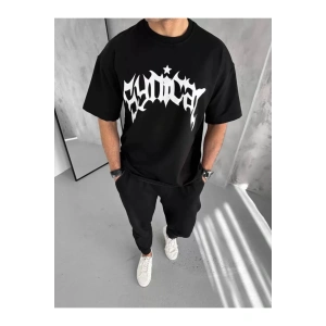 Unisex Bisiklet Yaka Baskılı Oversize T-Shirt - Siyah