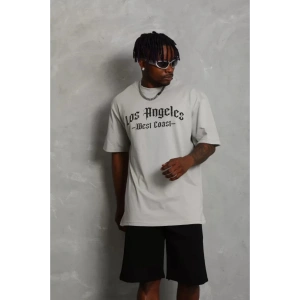 DRGY Unisex Oversize Baskılı Bisiklet Yaka T-Shirt - Gri