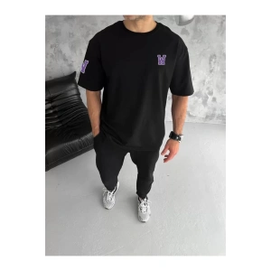 Unisex Bisiklet Yaka Baskılı Oversize T-Shirt - Siyah