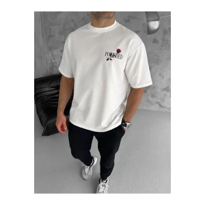 Unisex Bisiklet Yaka Baskılı Oversize T-Shirt - Beyaz