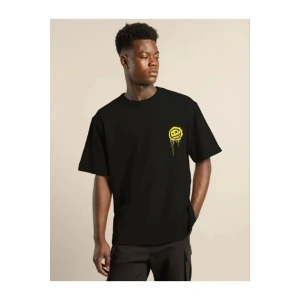 Unisex Bisiklet Yaka Baskılı Oversize T-Shirt - Siyah