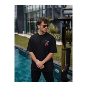 Unisex Bisiklet Yaka Baskılı Oversize T-Shirt - Siyah