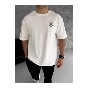 Unisex Bisiklet Yaka Baskılı Oversize T-Shirt - Beyaz