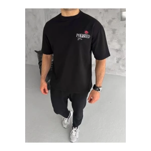 Unisex Bisiklet Yaka Baskılı Oversize T-Shirt - Siyah