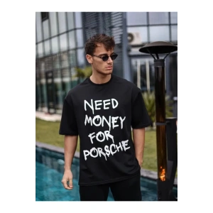 Unisex Bisiklet Yaka Baskılı Oversize T-Shirt - Siyah