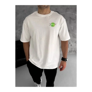 Unisex Bisiklet Yaka Baskılı Oversize T-Shirt - Beyaz