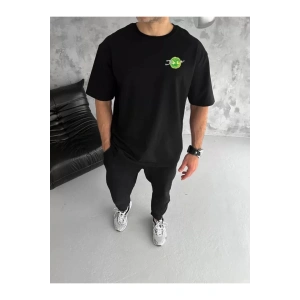 Unisex Bisiklet Yaka Baskılı Oversize T-Shirt - Siyah