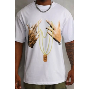Unisex Baskılı Oversize T-Shirt - Beyaz