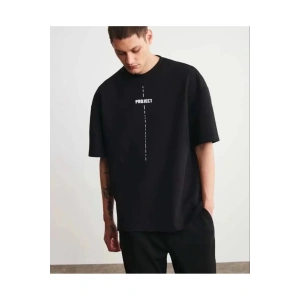 Unisex Bisiklet Yaka Baskılı Oversize T-Shirt - Siyah
