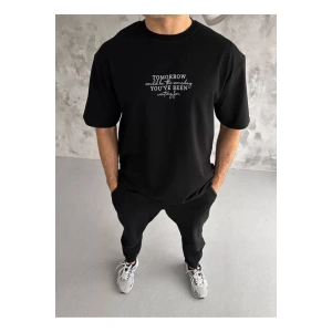 Unisex Bisiklet Yaka Baskılı Oversize T-Shirt - Siyah