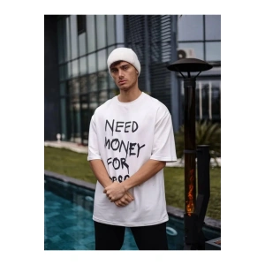 NİDAM BUTİK Unisex Bisiklet Yaka Baskılı Oversize T-Shirt - Beyaz