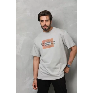Unisex Bisiklet Yaka Baskılı Oversize T-Shirt - Gri