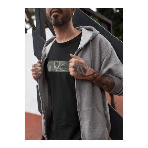 Unisex Bisiklet Yaka Baskılı Oversize T-Shirt - Siyah