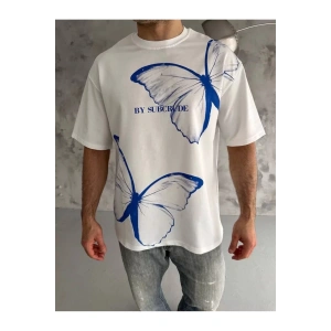 Unisex Bisiklet Yaka Baskılı Oversize T-Shirt - Beyaz