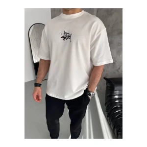 Unisex Bisiklet Yaka Baskılı Oversize T-Shirt - Beyaz