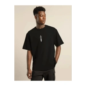 Unisex Bisiklet Yaka Baskılı Oversize T-Shirt - Siyah