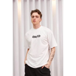 NİDAM BUTİK Unisex Bisiklet Yaka Baskılı Oversize T-Shirt - Beyaz
