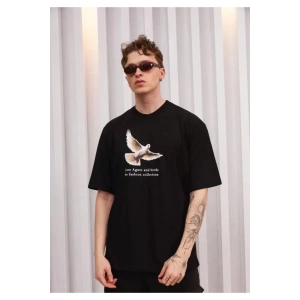 Unisex Bisiklet Yaka Baskılı Oversize T-Shirt - Siyah