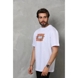 Unisex Bisiklet Yaka Baskılı Oversize T-Shirt - Beyaz