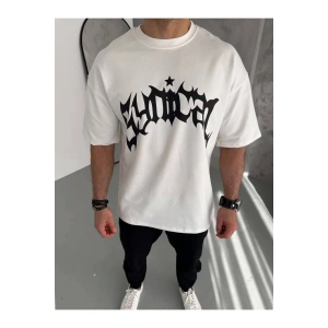 Unisex Bisiklet Yaka Baskılı Oversize T-Shirt - Beyaz