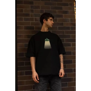 Unisex Bisiklet Yaka Baskılı Oversize T-Shirt - Siyah