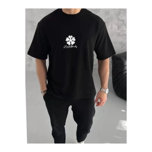 Unisex Bisiklet Yaka Baskılı Oversize T-Shirt - Siyah