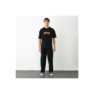 Unisex Bisiklet Yaka Baskılı Oversize T-Shirt - Siyah
