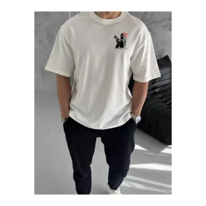 Unisex Bisiklet Yaka Baskılı Oversize T-Shirt - Beyaz