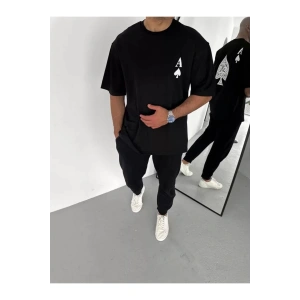 Unisex Bisiklet Yaka Baskılı Oversize T-Shirt - Siyah