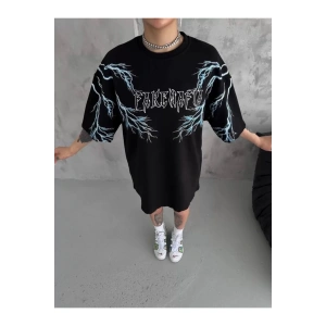 Unisex Bisiklet Yaka Baskılı Oversize T-Shirt - Siyah