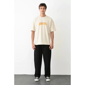 Unisex Bisiklet Yaka Baskılı Oversize T-Shirt - Beyaz