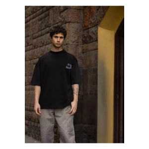 Unisex Bisiklet Yaka Baskılı Oversize T-Shirt - Siyah