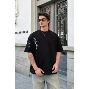Unisex Bisiklet Yaka Baskılı Oversize T-Shirt - Siyah