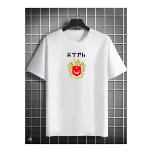 Unisex Bisiklet Yaka Baskılı Oversize T-Shirt - Beyaz