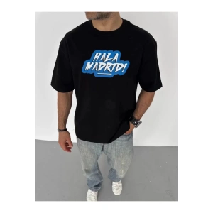 Unisex Bisiklet Yaka Baskılı Oversize T-Shirt - Siyah