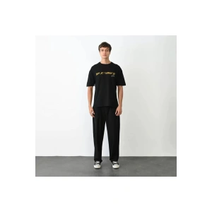 Unisex Bisiklet Yaka Baskılı Oversize T-Shirt - Siyah