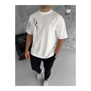 Unisex Bisiklet Yaka Baskılı Oversize T-Shirt - Beyaz