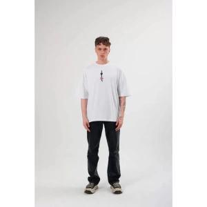 Gökyüzü Moda Unisex Bisiklet Yaka Baskılı Oversize T-Shirt - Beyaz