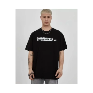 Unisex Bisiklet Yaka Baskılı Oversize T-Shirt - Siyah