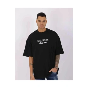 Unisex Bisiklet Yaka Baskılı Oversize T-Shirt - Siyah
