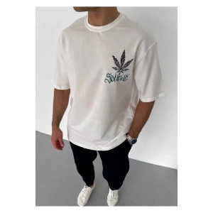 Unisex Bisiklet Yaka Baskılı Oversize T-Shirt - Beyaz