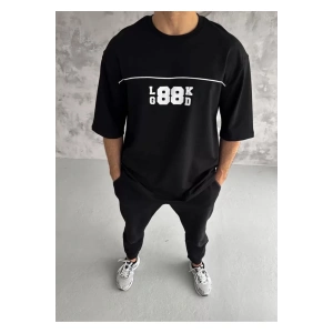 Unisex Bisiklet Yaka Baskılı Oversize T-Shirt - Siyah