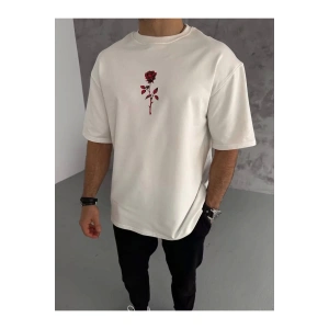 ERKEK Bisiklet Yaka Baskılı Oversize Kısa kol T-Shirt - Beyaz
