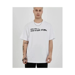 Unisex Bisiklet Yaka Baskılı Oversize T-Shirt - Beyaz